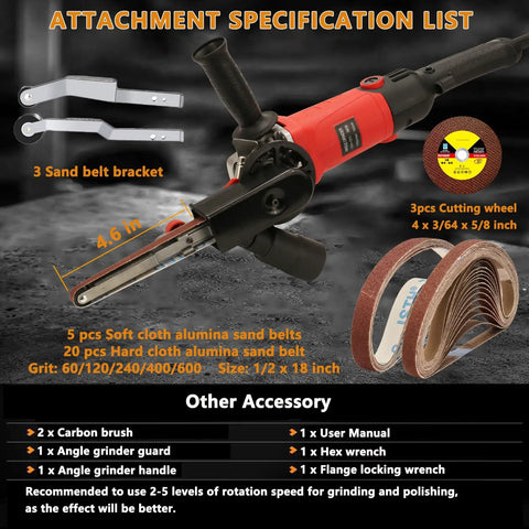 Attachments for Heavy Duty 6 Speed Variable Speed Belt Sander 10000 RPM including sand belts and brackets.