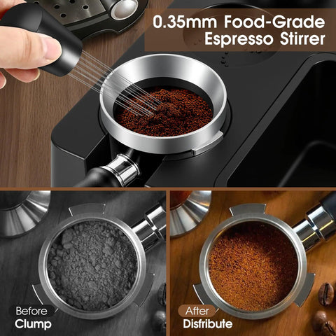 Kickass 58mm Espresso Accessories Kit With Integrated Tamping Station Knock Box Tamper Compatible With Dual Boiler And Oracle Touch Machines For Home Baristas showing 0.35mm food-grade espresso stirrer in action.