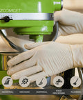 GLOVEWORKS HD ivory latex disposable gloves worn while operating a green stand mixer