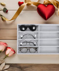 Stay Super Fresh With This Hella Soft Gray Velvet Jewelry Organizer Tray Featuring Eight Quick Grab Grids, Sleek Watch And Sunglasses Display Plate, Portable Drawer Storage with four pairs of glasses.
