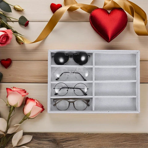 Stay Super Fresh With This Hella Soft Gray Velvet Jewelry Organizer Tray Featuring Eight Quick Grab Grids, Sleek Watch And Sunglasses Display Plate, Portable Drawer Storage with four pairs of glasses.
