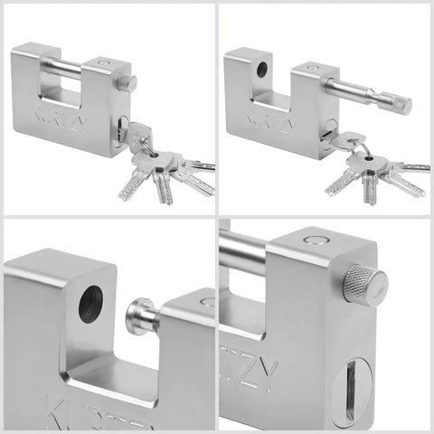 Heavy Duty 1kg Padlock With 5 Keys, Hardened Chrome Steel Monoblock Lock, 12mm Thick Shackle, detailed close-up view