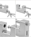 Collage of Beefy Heavy Duty 1kg Padlocks Set With 10 Keys 2 Pack Tough Chrome Coated Steel Monoblock Locks With 12mm Shackle