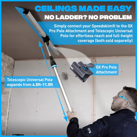 Person using Pro Series ST QuickSkim Plaster Skimming Blade 23 5 8 Inch Semi Flexible High Grade Plastic Blade on ceiling with extension pole
