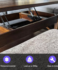 Installed two-piece 9.4in lift-up coffee table mechanism with black metal arms under dark wood table.