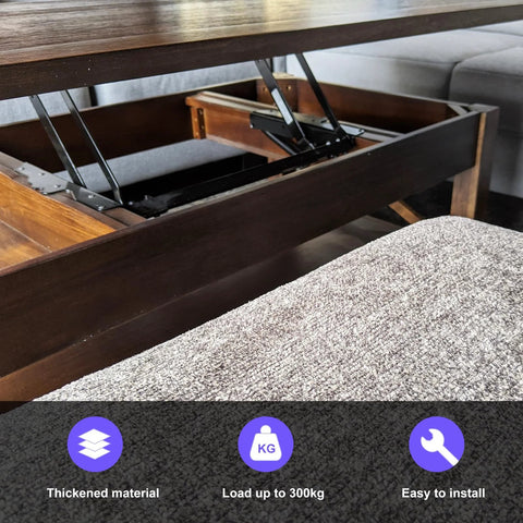 Installed two-piece 9.4in lift-up coffee table mechanism with black metal arms under dark wood table.