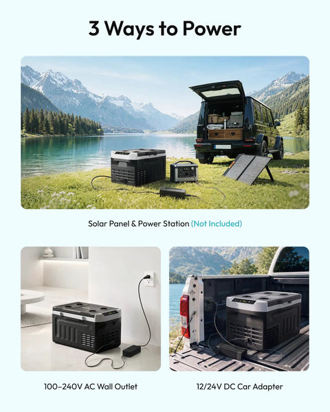 22Qt Portable Car Fridge And Freezer With Dual 12V Dc And 110V Ac Plugs, shown outdoors with power options including solar.