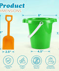 Green 7.5 inch bucket and orange 7.5 inch shovel from Six Pack Kids Beach Buckets And Shovels Set For Outdoor Summer Fun.