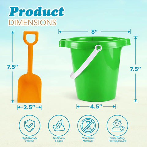 Green 7.5 inch bucket and orange 7.5 inch shovel from Six Pack Kids Beach Buckets And Shovels Set For Outdoor Summer Fun.