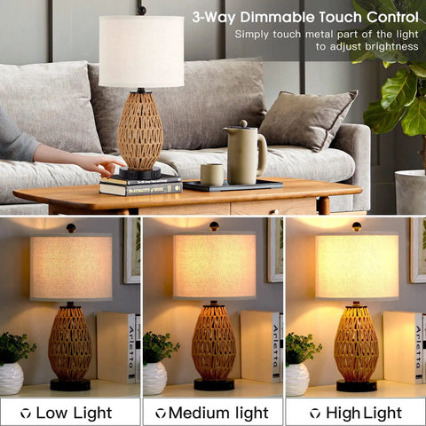 Rattan Table Lamp With Touch Control 3 Way Dimmable Bedside Light For Bedroom And Living Room Cozy Wicker Nightstand Lamp With USB Ports And AC Outlet LED Bulb Included Easy Tap To Dim on a wooden table in living room with dimmable lighting settings.
