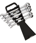 Metric Ratcheting Wrench Set 5 Piece With 72 Tooth Ratchet Chrome Vanadium Steel Construction Built For Tough As Nails Jobs Includes 10mm 11mm 13mm 14mm 15mm Sizes In Black And Silver Finish, displayed in a holder.