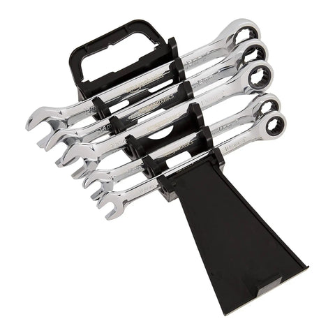 Metric Ratcheting Wrench Set 5 Piece With 72 Tooth Ratchet Chrome Vanadium Steel Construction Built For Tough As Nails Jobs Includes 10mm 11mm 13mm 14mm 15mm Sizes In Black And Silver Finish, displayed in a holder.