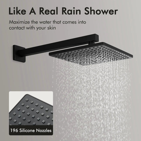 Matte Black Shower Faucet Set With Valve And Rain Shower Head No Fuss All In One Pressure Balance Shower System Easy Install Kit For Modern Bathrooms Durable Stainless Build XB6210BK showing 196 silicone nozzles and water flow.