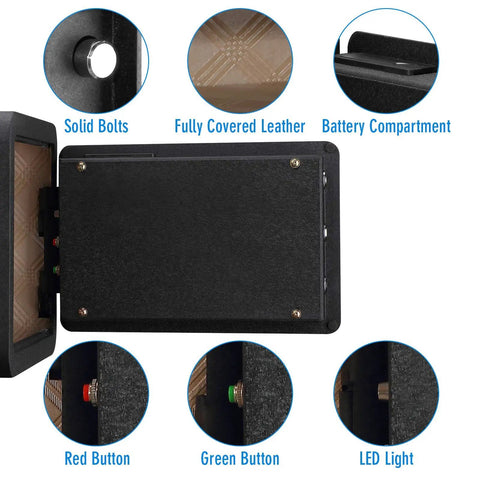 Biometric Fingerprint Safe Box 0.85 Cu Ft Heavy Duty Fireproof and Waterproof Cabinet details including bolts, leather, and controls.