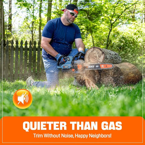 Man using 60V 16 Inch Cordless Chainsaw With Brushless Motor, 1800W Power for tree trimming in a yard