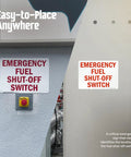 Heavy Duty Rock Solid Emergency Fuel Shut Off Switch Sign Crafted From Hella Tough Laminated Aluminum For Garage Workshop And Barns in use on walls.
