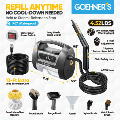 Upgraded Handheld Steam Cleaner For Home And Car Detailing At 230 Degrees F with 13-foot cord, compact design, and multiple brushes.