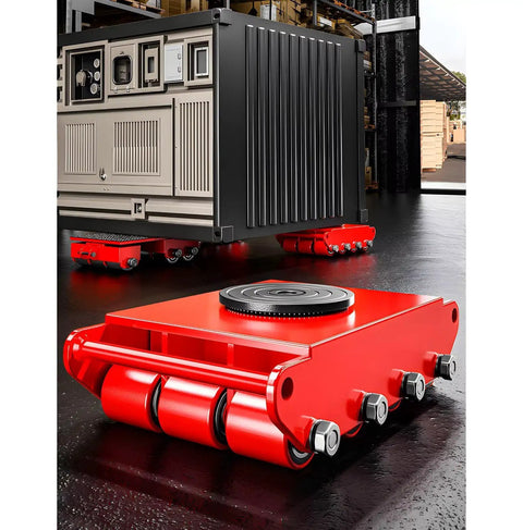 Heavy Duty Machinery Mover Skates, 13200 Lbs Capacity Set Of 4 Bulletproof Carbon Steel Dollies with PU wheels under large equipment.