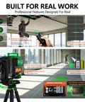 Top Shelf Green Laser Level With 3X360 Self Leveling Precision And Crisp Digital Readout in use, showcasing remote control and laser lines.