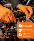 Heavy Duty Orange Nitrile Gloves With Ultra Thick 8 Mil Diamond Textured Grip For Industrial Mechanics shown repairing engine
