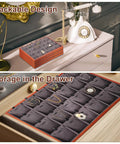 Top Tier Wooden Jewelry Organizer Tray With Plush Velvet Grids And Quick Swap Dividers For Earrings Necklaces And Pendants Keep Your Stash Sorted In This Slick Drawer Display Setup Gray shown stacked on a vanity and in a drawer.