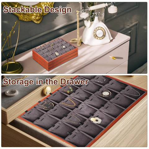 Top Tier Wooden Jewelry Organizer Tray With Plush Velvet Grids And Quick Swap Dividers For Earrings Necklaces And Pendants Keep Your Stash Sorted In This Slick Drawer Display Setup Gray shown stacked on a vanity and in a drawer.