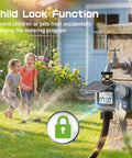 Solar Powered Hose Timer With Brass Swivel Programmable Sprinkler Timer Set It And Forget It For Garden And Lawn Rain Delay Manual And Auto Modes Drip Irrigation Ready Outdoor Yard Irrigation System installed on a faucet near children playing
