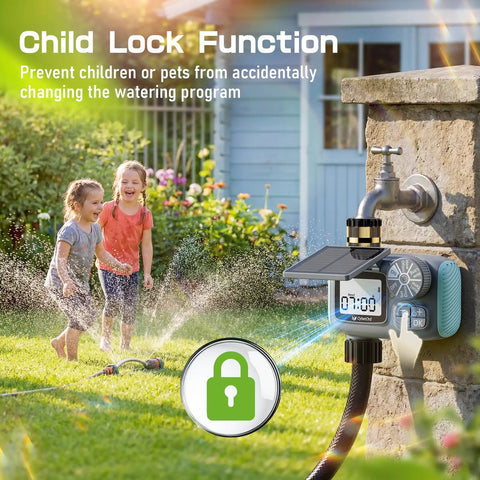 Solar Powered Hose Timer With Brass Swivel Programmable Sprinkler Timer Set It And Forget It For Garden And Lawn Rain Delay Manual And Auto Modes Drip Irrigation Ready Outdoor Yard Irrigation System installed on a faucet near children playing