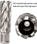 Two steel annular cutters for magnetic drill press; diameters 7/16"–1-1/16", 2" depth, with 2 pilot pins.