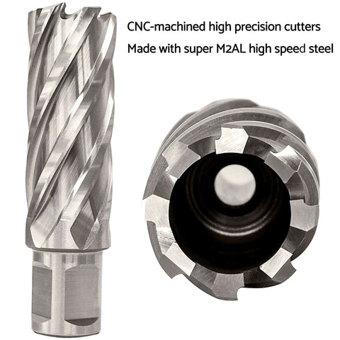 Two steel annular cutters for magnetic drill press; diameters 7/16"–1-1/16", 2" depth, with 2 pilot pins.