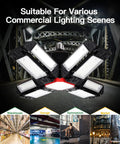 Commercial lighting scenes showing a multi-panel LED light in warehouse, garage, gym, and market settings.