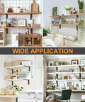 Image showing wide application of Heavy Duty 10 Inch L Shaped Shelf Brackets 6 Pack Steel Wall Mount Brackets with mounted shelves.