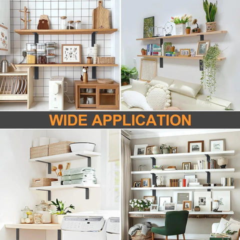 Image showing wide application of Heavy Duty 10 Inch L Shaped Shelf Brackets 6 Pack Steel Wall Mount Brackets with mounted shelves.