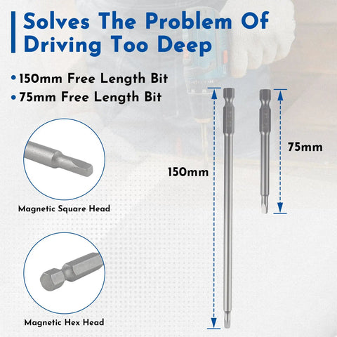 Interior Pocket Hole Screws One And A Quarter Inch Number Eight Square Drive Washer Head Zinc Plated Coarse Thread With 150mm And 75mm Drive Bits, illustration of bit lengths and heads