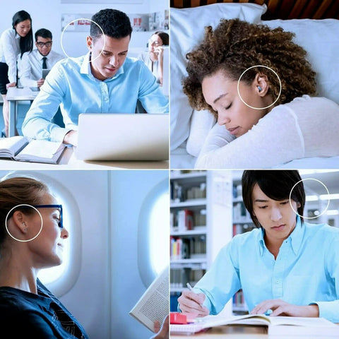 People using Ultra Comfortable Sleep And Study Ear Plugs, 160 Soft Foam Plugs In Light Blue, NRR 32 dB in various settings