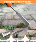 L-shaped crack weeder tool in use for crevice weeding, part of the 3 Pack Hand Weeder Tool Set With Stainless Steel Weed Puller