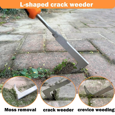 L-shaped crack weeder tool in use for crevice weeding, part of the 3 Pack Hand Weeder Tool Set With Stainless Steel Weed Puller