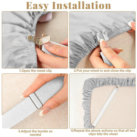 Installation steps for 20 Pcs Hidden Strap Tablecloth Clips Set Adjustable Elastic Table Cloth Holders For Picnic Tables Outdoor Benches