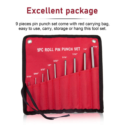 9-piece Roll Pin Punch Set With Storage Pouch And Hammer, red pouch displaying nine steel punches in various sizes.