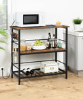 Do It All Kitchen Island With Power Outlet And Storage, 35.4 Inch Long Three Tier Coffee Station And Microwave Stand, Rustic Brown And Black Finish For Home Or Dining Room showcasing microwave and decor.