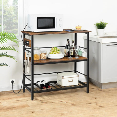 Do It All Kitchen Island With Power Outlet And Storage, 35.4 Inch Long Three Tier Coffee Station And Microwave Stand, Rustic Brown And Black Finish For Home Or Dining Room showcasing microwave and decor.