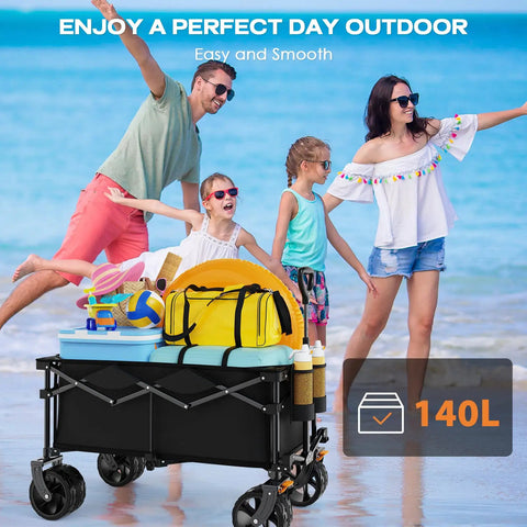 Heavy Duty Collapsible Wagon Cart With Big Wheels For Sand And Trails on beach with family, packed for outdoor activities