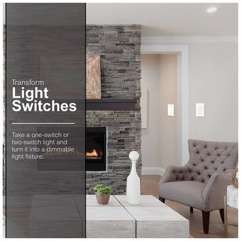 Living room with two pack white rocker dimmer switches for LED lights single pole on off dimmable paddle dimmer wall mounted