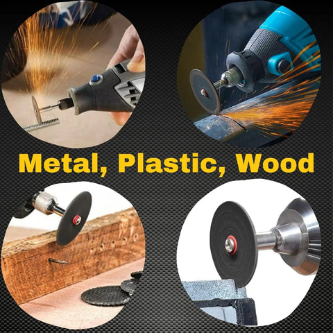 Heavy Duty 50 Pack Rotary Tool Metal Cutting Discs With Four Mandrels for 1/8 Inch Tools in use on metal, plastic, and wood
