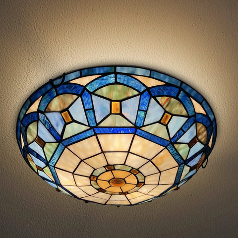 Three Light Tiffany Style Ceiling Fixture, 16 Inch Stained Glass Flush Mount For Bedroom, Dining Room, Living Room