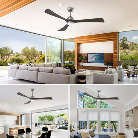 Neojoyoenix 62" 3PCS Solid Wood Blades Ceiling Fan with Lights Remote Control in modern living room setting.