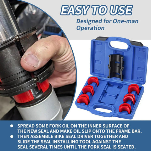 Fork Seal Driver Tool Kit 14Pcs For 35Mm To 50Mm Forks No Fuss Pro Grade Install Set With case and adapters shown