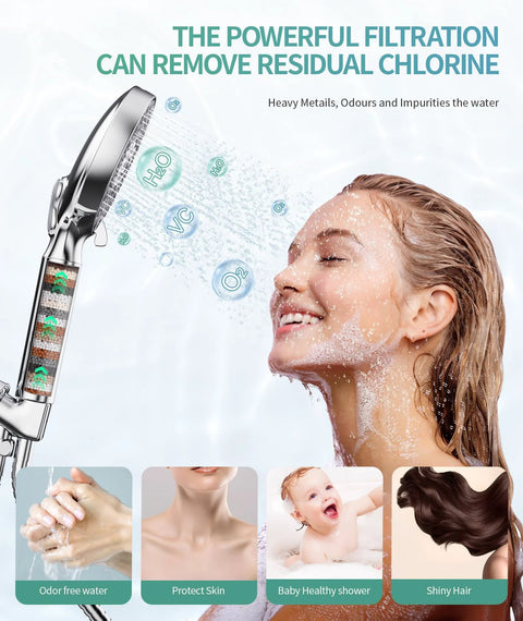 Front view of SR SUN RISE filtered handheld shower head with filtration beads, chrome finish, 9 spray modes