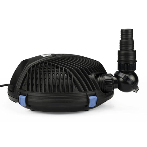 AquaForce 1000 GPH Solids Handling Submersible Pond Pump with pre-filter cage and outlet connection, side angle view