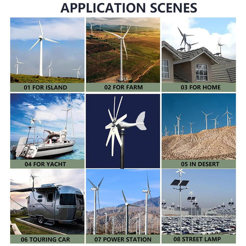 High Output Wind Turbine Kit With Eight Blades And Solar Wind Hybrid Controller For Home Energy application scenes in various environments.